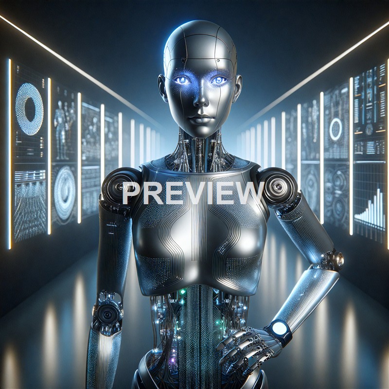 A highly advanced humanoid robot with a sleek metallic body, illuminated blue eyes, and intricate circuitry visible beneath its surface, standing in a futuristic control room with holographic displays and digital interfaces.